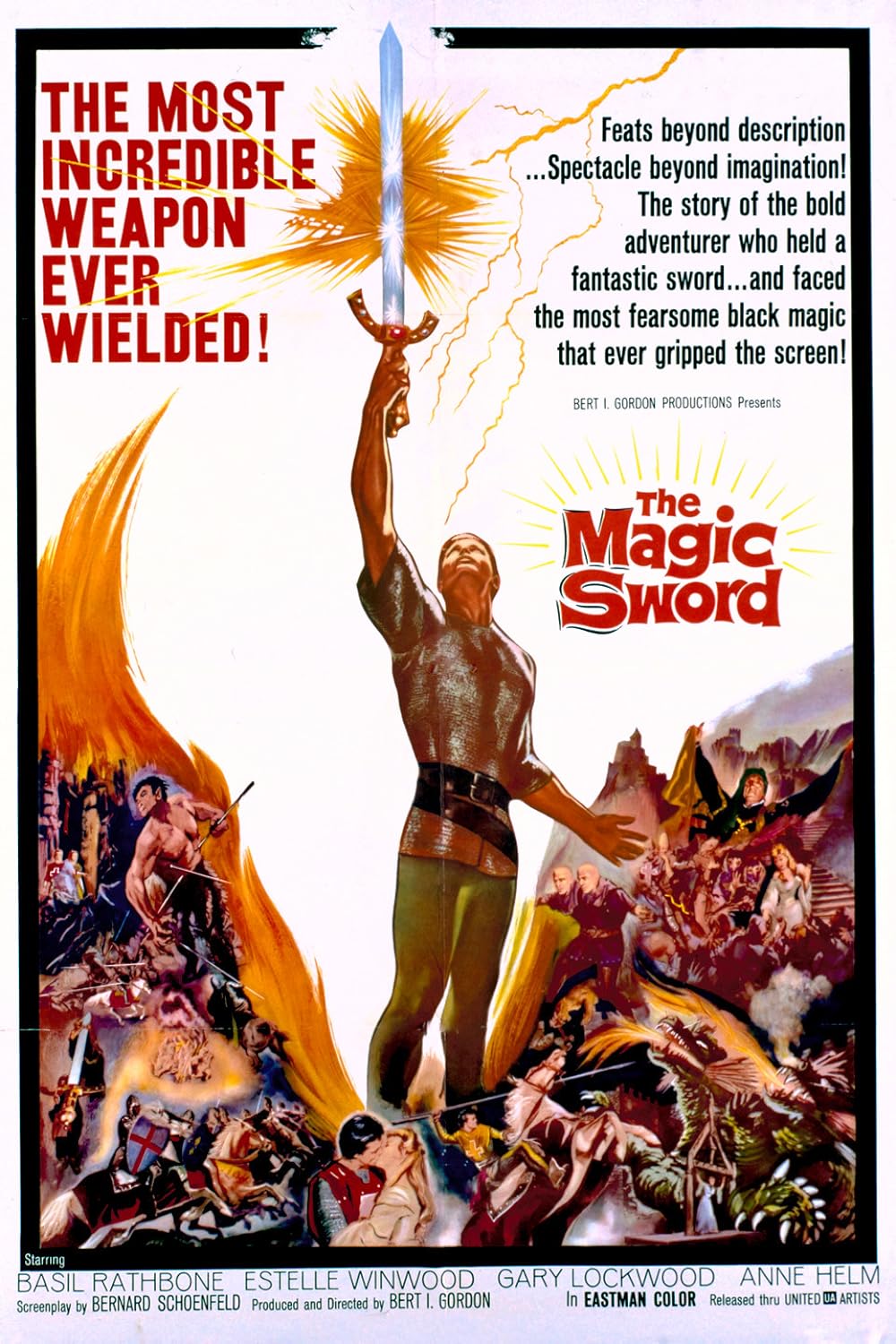 The theatrical poster for The Magic Sword (1962) featuring dramatic scenes from the film and Sir George brandishing Ascalon, the titular magic sword.
