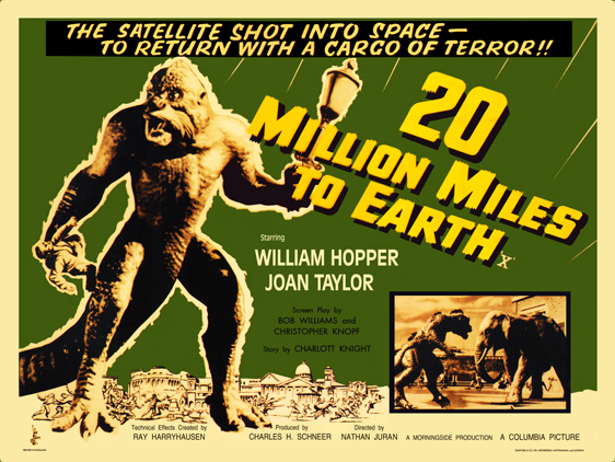 The lobby card for the 1957 science fiction film, 20 Million Miles to Earth.