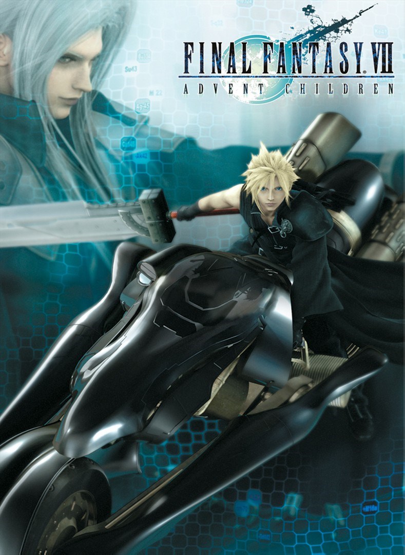 The movie poster for Final Fantasy VII: Advent Children featuring Sephiroth in the background and cloud riding his motorcycle while wielding his buster sword.